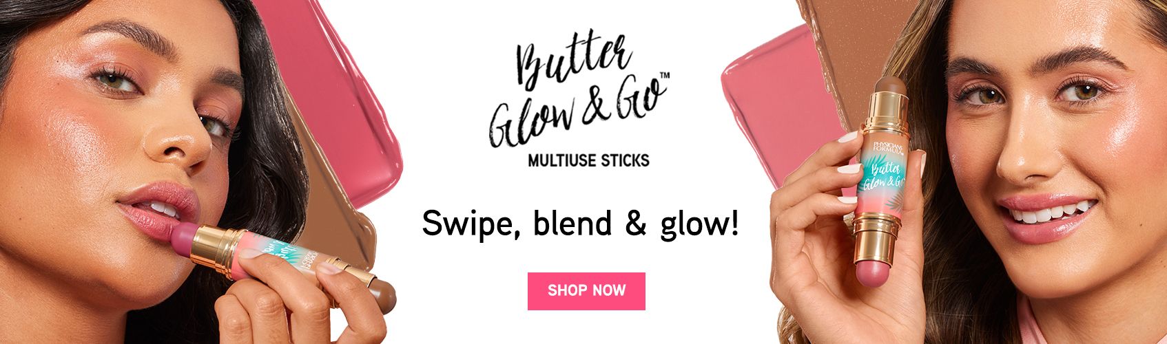 A smiling model holding a Butter Glow & Go Multiuse Stick, the image says Butter Glow & Go Multiuse Sticks Shop Now